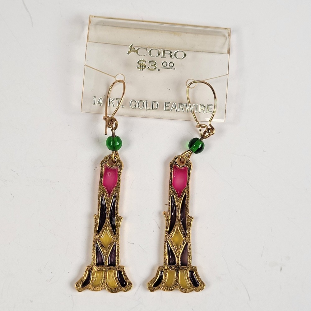 Vintage‎ Coro Dangle Earrings 14K Gold Earwire Stained Glass Lock Colorful NOS